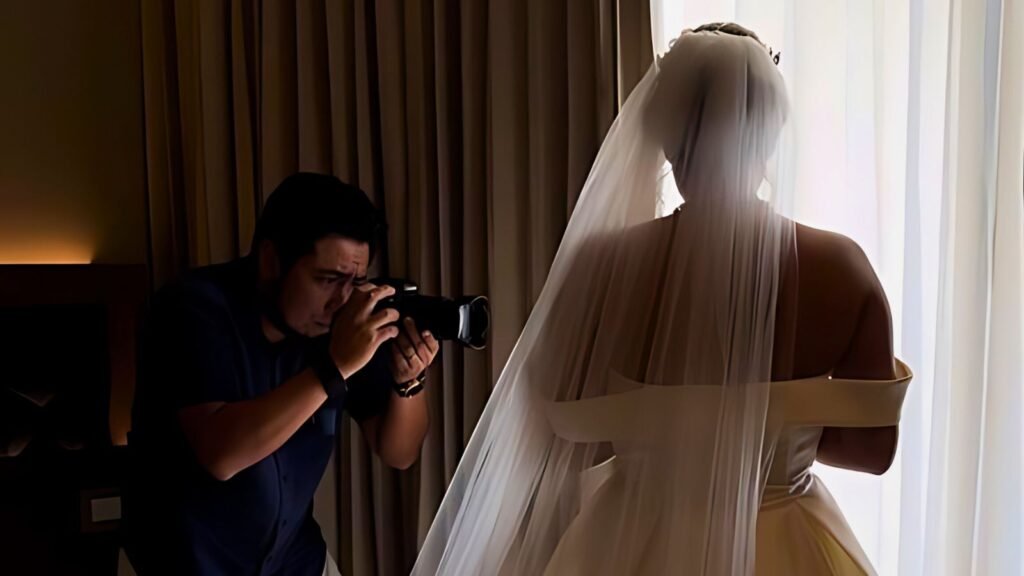 Videógrafo de bodas tomando video de la novia.