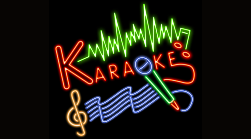 A vibrant karaoke poster that stands out with bright, neon colors. In the center, there is a stylized microphone with musical notes around it. The main text in large, bright letters says: "Karaoke Night!" followed by additional details such as the date, time, and venue of the event. The background of the poster is decorated with lights and sparkles, creating a festive and exciting atmosphere that invites everyone to join the fun and showcase their talent.